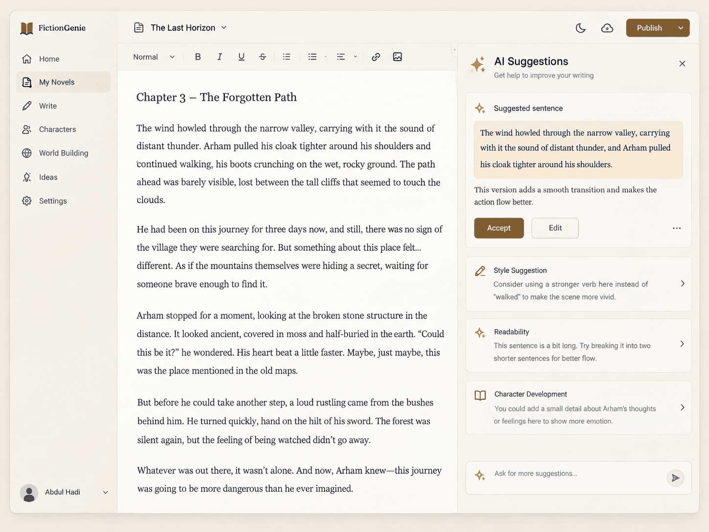 FictionGenie AI writing assistant interface with inline suggestions