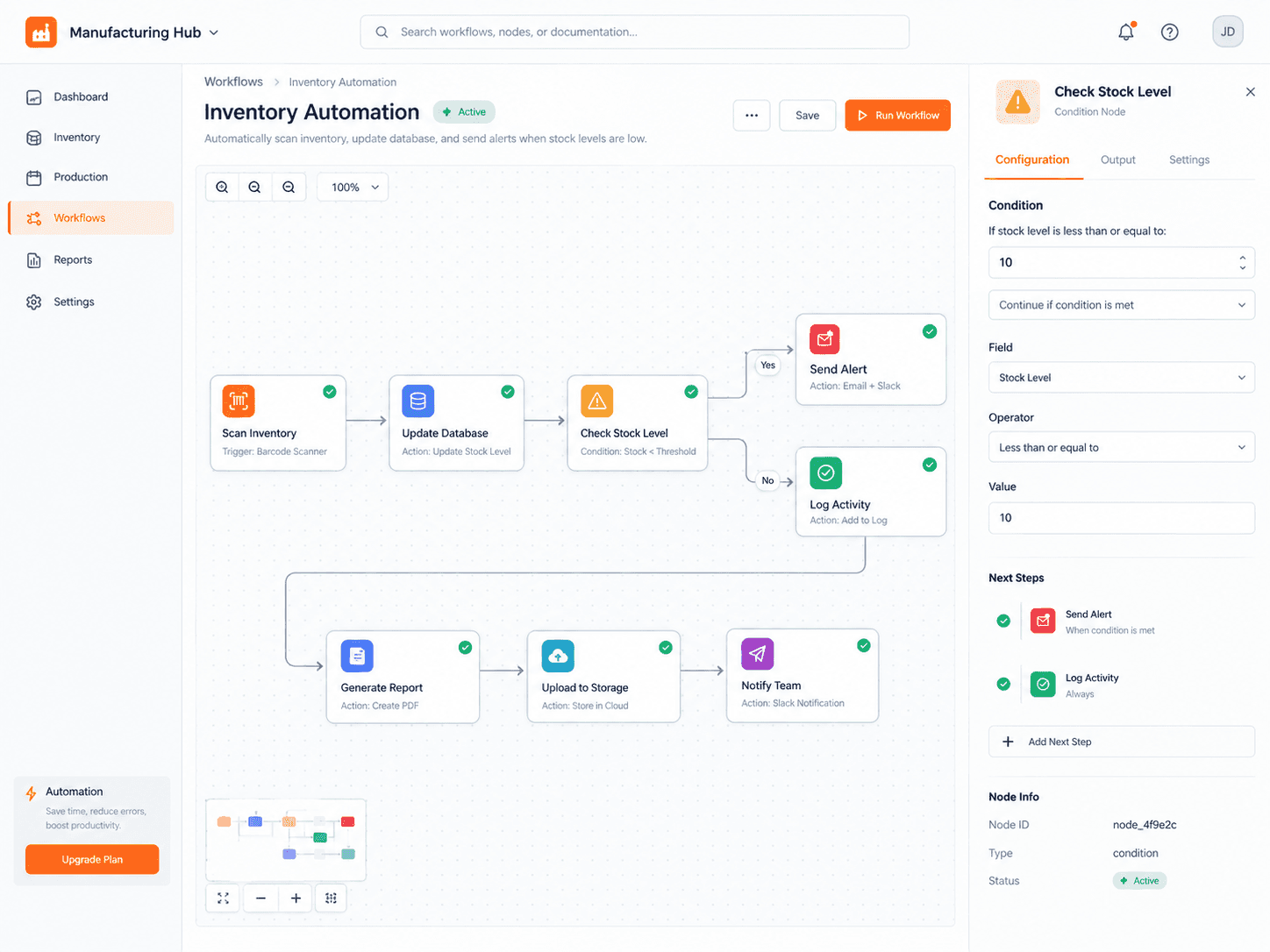 Manufacturing Hub inventory automation workflow builder