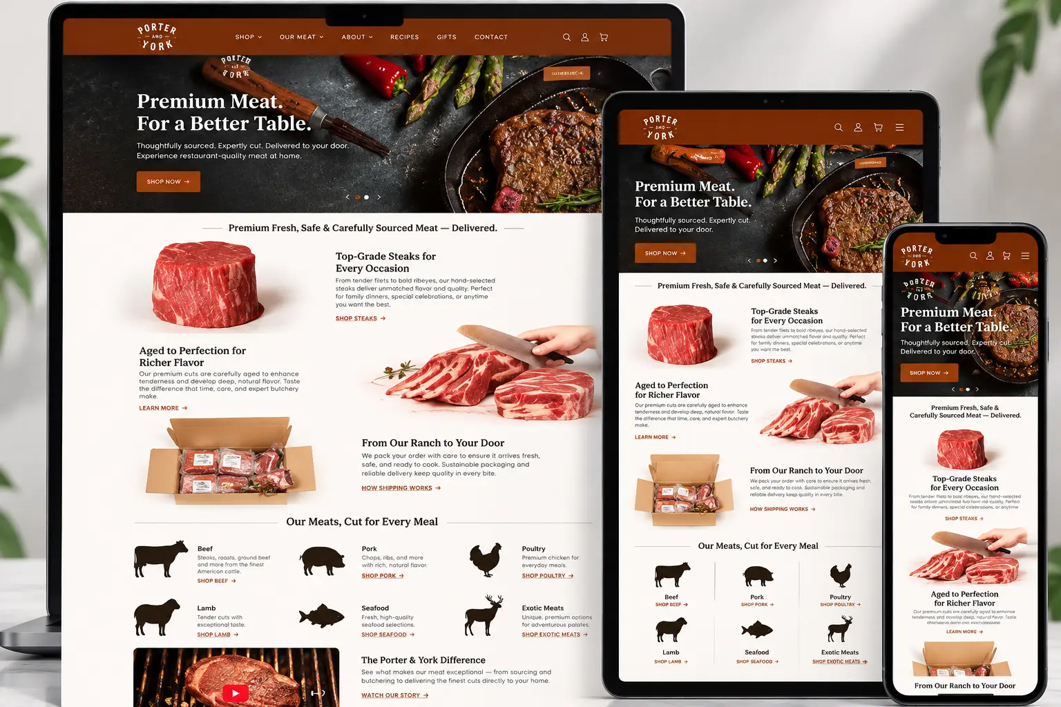 Porter & York premium meat e-commerce website on desktop, tablet and mobile