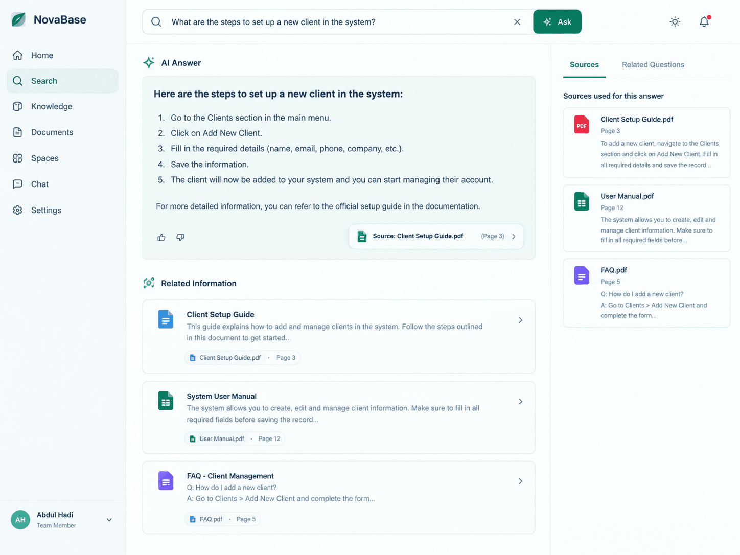 NovaBase AI-powered knowledge search interface with cited sources