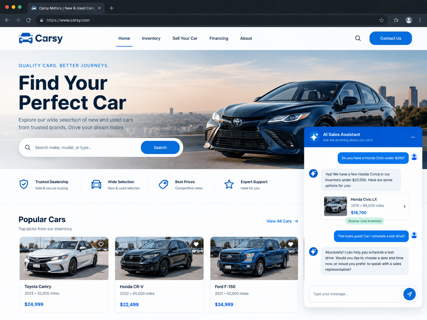 Carsy Motors website with an AI sales assistant chat widget open