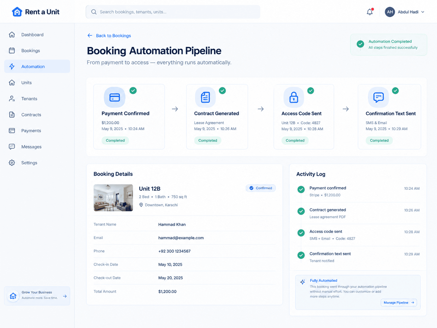 Rent a Unit booking automation pipeline dashboard